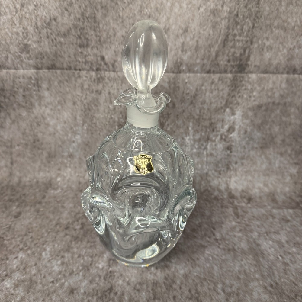 Golden Crown E&R Sweden Clear Blown Art Glass Decanter w/ Stopper 9" w/ Sticker